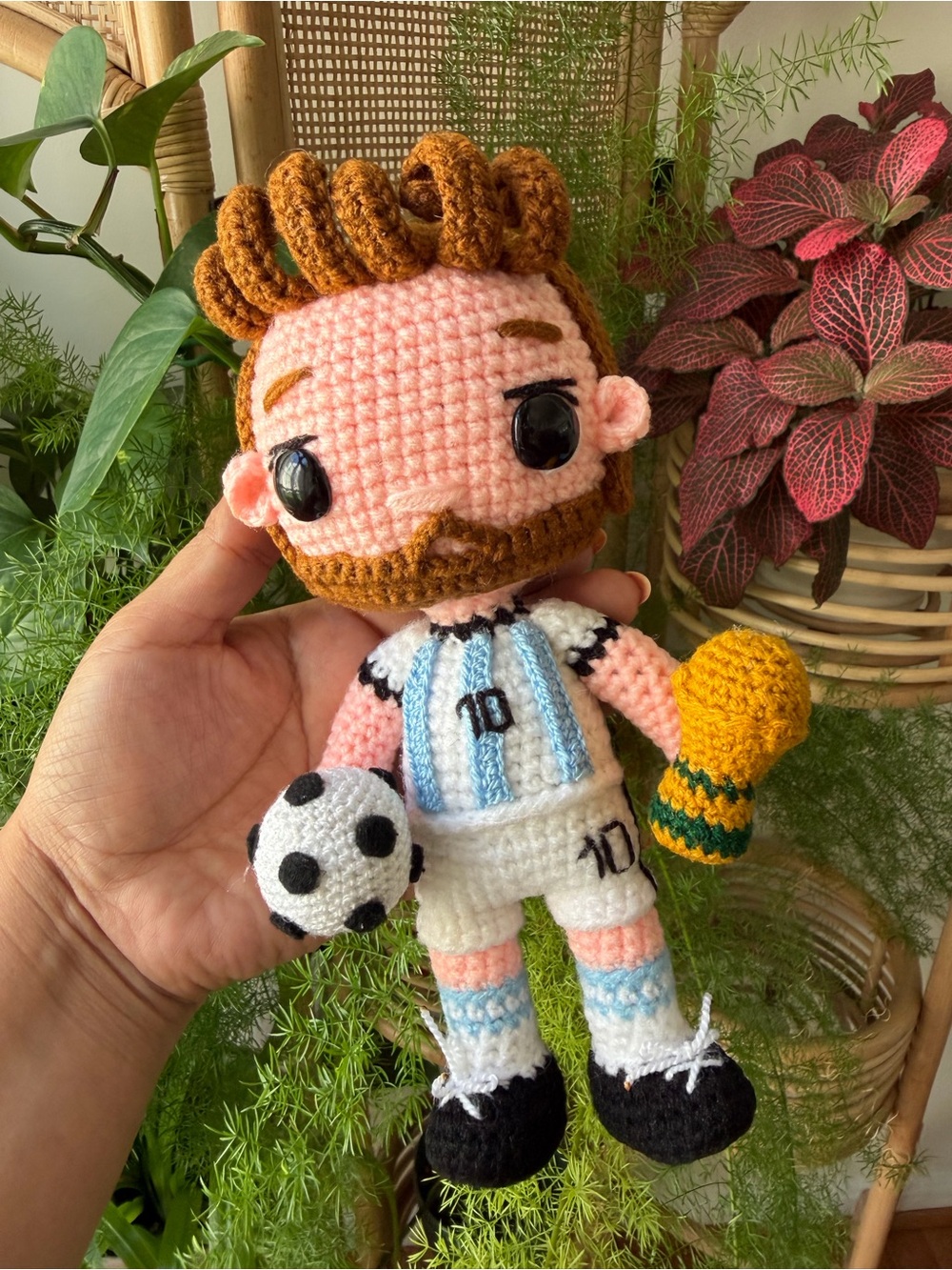 Messi Soccer Player Crochet Amigurumi Plush holding Cup Football Decor Gift